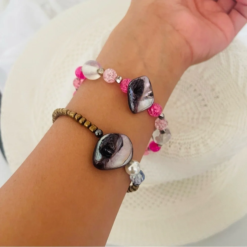 2 Bracelets Handmade Stretch beaded Mother of Pearl